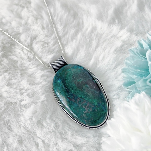 Large Chunky Chrysocolla Pendant Necklace Sterling Silver 925 Vintage Style New - Picture 7 of 7
